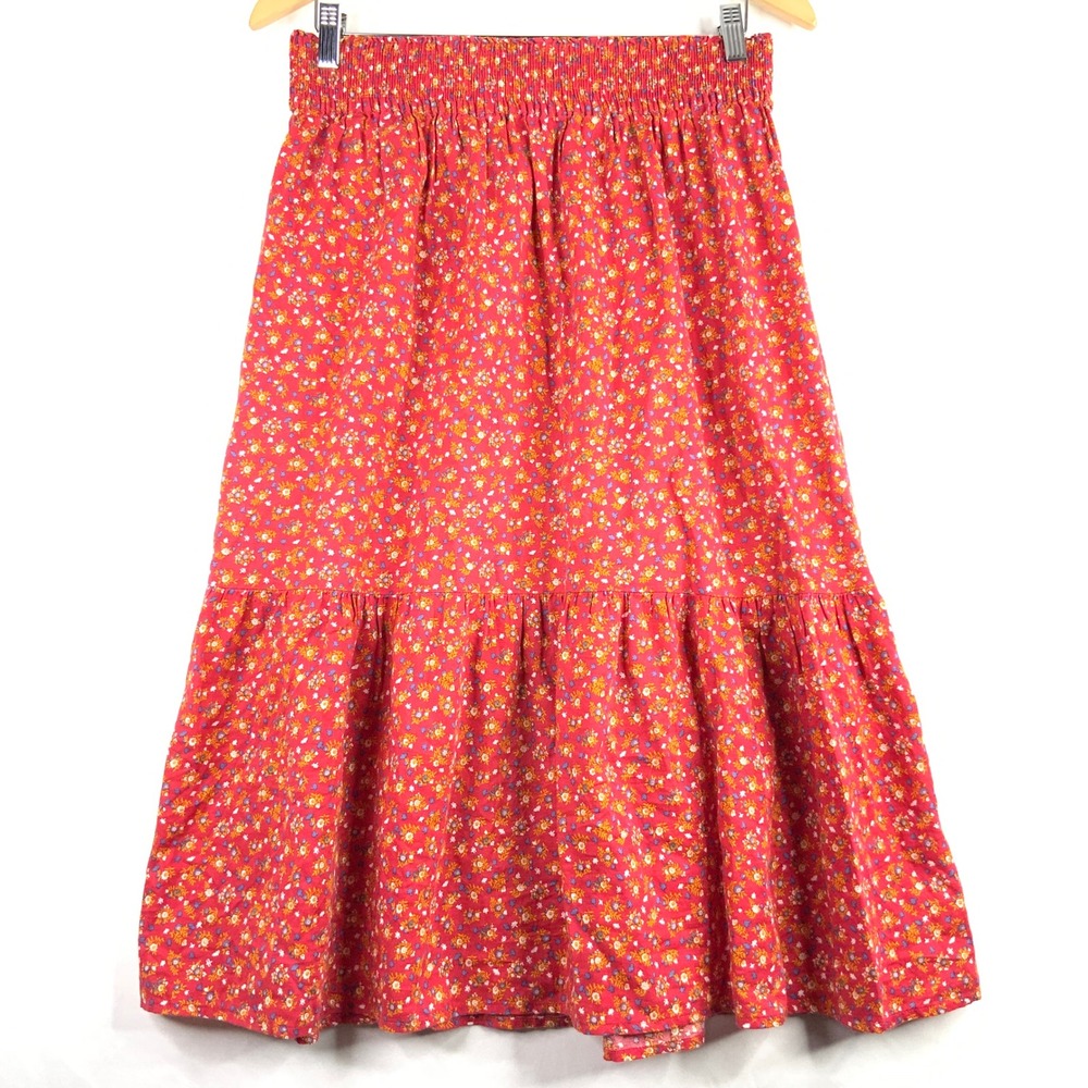 Madewell Red Floral Smocked Waist Tiered Midi Skirt Size M Cotton Do Well